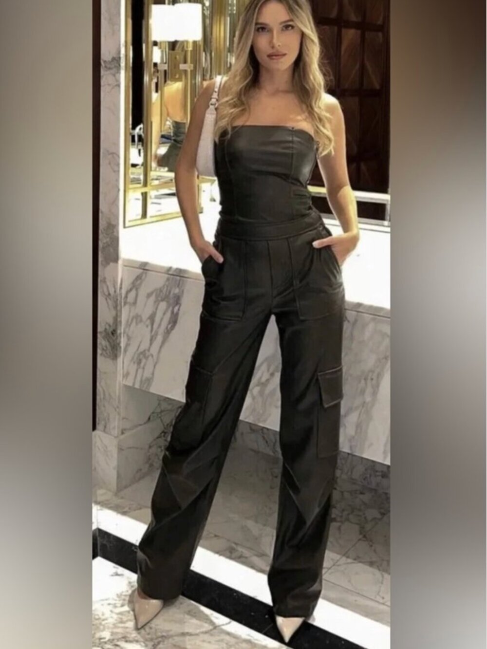 Zara Size Small Brown Faux Leather Strapless Jumpsuit